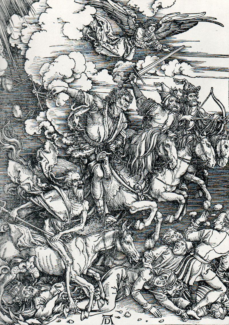 Albrecht Dürer, "La Révélation de Saint Jean : Les Quatre Cavaliers de l'Apocalypse", 1497-1498, conservé à la Staatliche Kunsthalle de Karlsruhe, (source : Wikipedia)