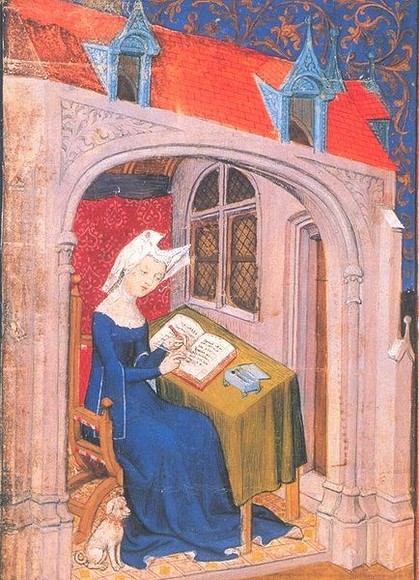 Christine de Pizan écrivant son livre, in Collected Works, BL, MS Harley 4431 (source : Wikimedia commons)