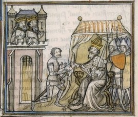 Ganelon et Charlemagne, enluminure qui figure dans Les grandes chroniques de france, fin XIVe s. (source : Mandragore, base de donnée des enluminures, BNF)