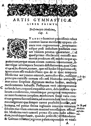 Girolamo Mercuriale, De arte gymnastica, libri sex, première page du texte, Paris, du Puys, 1577 (source : gallica)