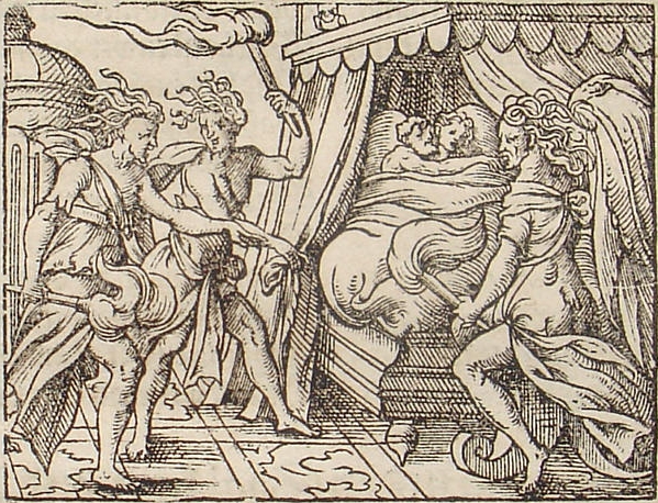 Térée et Procné entourés par les Furies, illustration de Virgil Solis pour le livre VI des Métamorphoses d'Ovide, 1562 (source : wikimedia commons, scan de Hans-Jürgen Günther, domaine public)