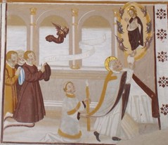 Maître dit d'Horres-Plampinet, "Messe de saint Grégoire", (vers 1530), fresque, 1, 15 x 1 m., Horres, Sant'Andrea, mur Nord (photographie de Marianne Gilly-Argoud).