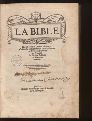 Bible d'Olivétan, page de titre (source : e-rara.ch, voir précisions en bas de page)