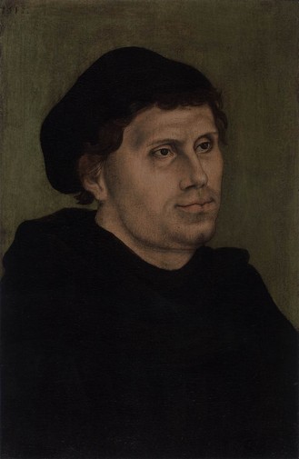 Lucas CRANACH l’Ancien, « Martin Luther en moine augustin avec bonnet doctoral », (vers 1520), collection privée (source : Web Gallery of Arts).