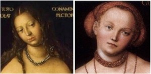 À gauche : CRANACH, "Vénus et Cupidon", 1509 (détail) ; à droite : CRANACH, "L'Allégorie de la Justice", 1537 (WGA).
