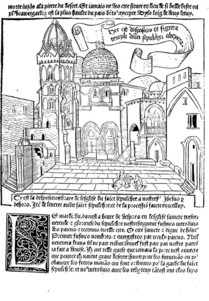 Gravure du Saint-Sépulcre de Jérusalem tirée des "Sainctes peregrinations de Jerusalem et ses environs", Lyon, Michelet Topie et Jacques Heremberck, (1488), source : Gallica.