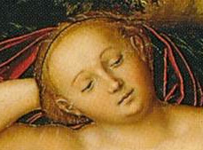 Lucas CRANACH l'Ancien, "Nymphe allongée", 1530-34, (détail), Museo Thyssen-Bornemisza, Madrid.