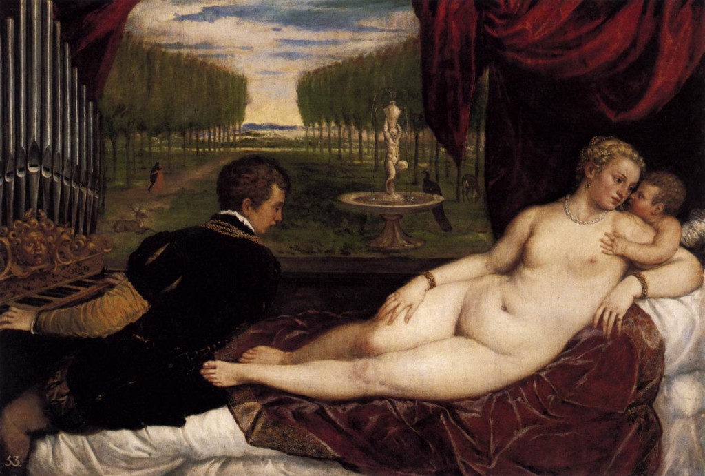 TIZIANO Vecellio, "Venus et la récréation en musique" c. 1550, huile sur toile, 136 x 220 cm Museo del Prado, Madrid