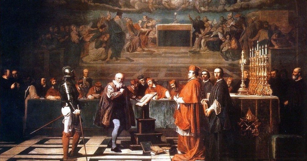 Joseph-Nicolas Robert-Fleury, Galilée face au tribunal de l'Inquisition Catholique Romain peint au XIXe siècle, Musée du Louvre (source : Wikipedia)