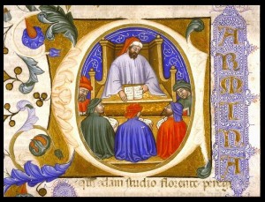 Boèce enseignant, manuscrit de La Consolation de la philosophie, 1385. (wikipedia)