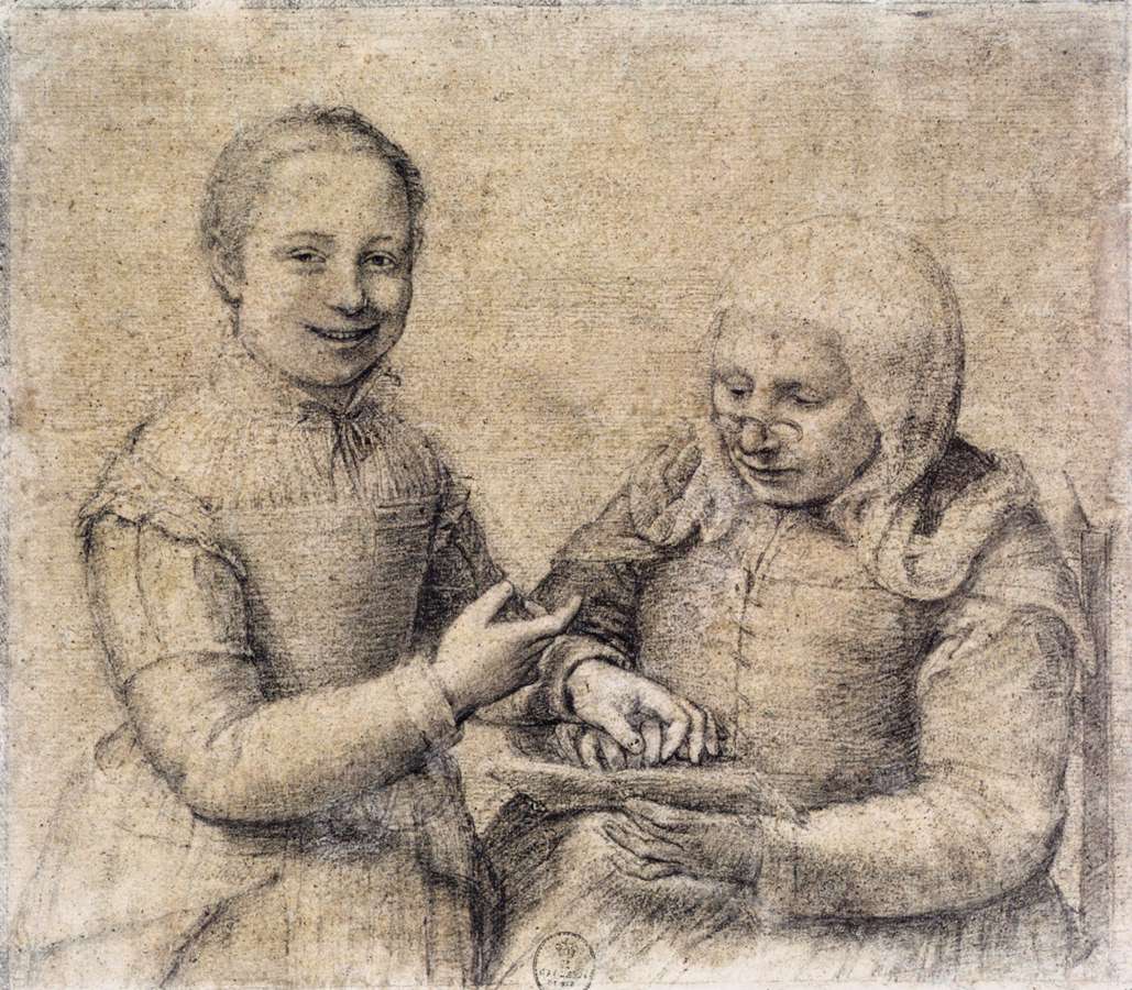 Vieille femme étudiant l'alphabet avec une jeune fille hilare, ofonisba Anguissola, vers 1550 (WGA)