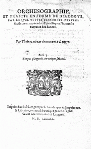 Thoinot Arbeau, Orchesographie (frontispice), Langres, 1589.