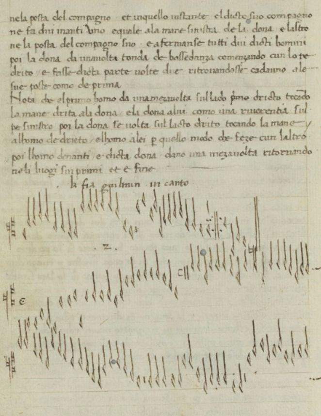 Page du manuscrit du Traité "De la arte di ballare e danzare" saisi par Louis XII dans la bibliothèque des ducs de Milan à Pavie en 1498 (source : gallica). 