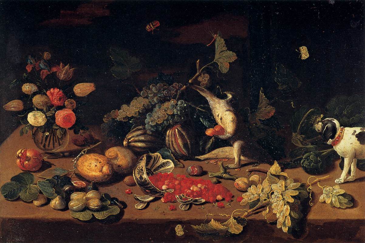Jan I van Kessel, "Nature morte avec un singe volant un fruit", Galerie Palatine, Florence (WGA).