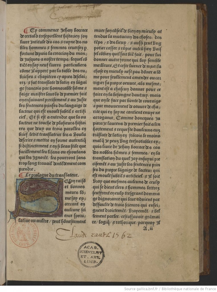 Boccace,  Des Cas et ruyne des nobles hommes et femmes reversez par fortune, trad. Laurent de Premierfait, Paris, Jean du Pré, 1483