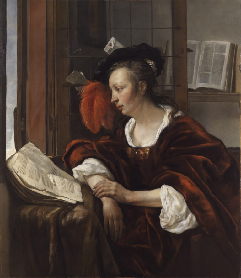 Gabriel Metsu, Femme lisant un livre à la fenêtre, v. 1653-54, huile sur toile, 105 x 90,7 cm, dans Arthur K. Wheelock Jr. et Lara Yeager-Crasselt, The Leiden Collection Catalogue [en ligne].