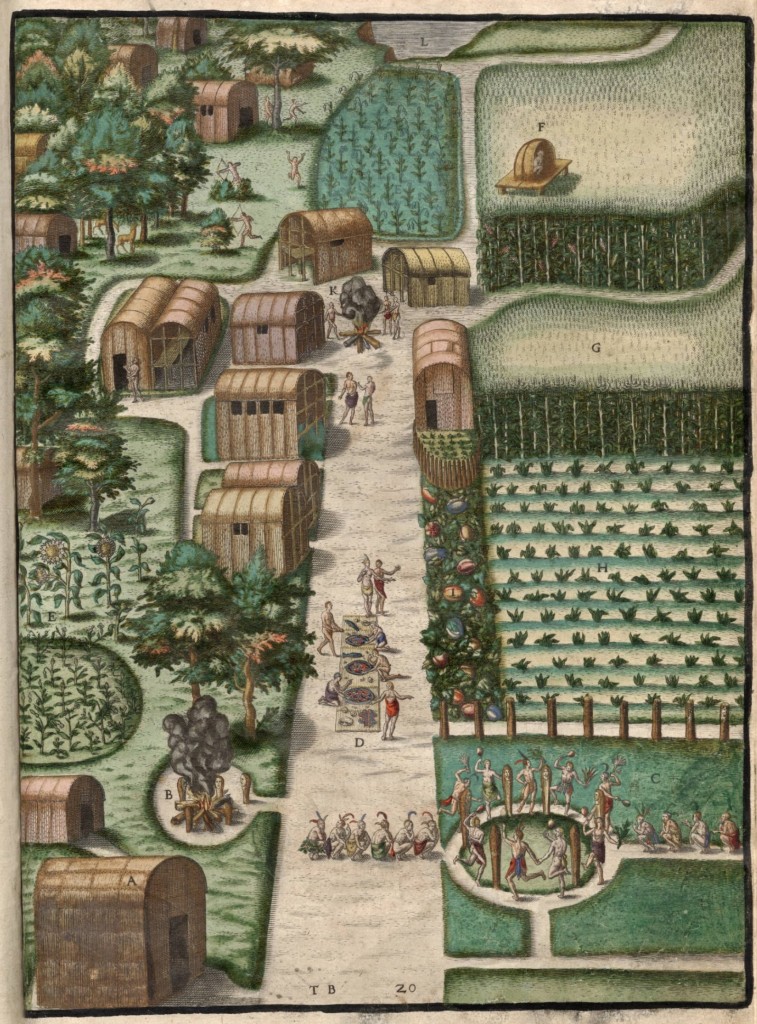John White, « La ville de Secotan », dans India Occidentalis pars I, Francfort, Théodore de Bry, 1590, pl. XX (Digital Public Library of America, https://dp.la/item/50cea30b71cdac2cadaa5537b9de0e72).