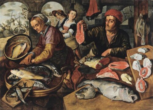 Joachim Beuckelaer, Le marché aux poissons, 1568, huile sur bois, 128 × 174 cm.  The Metropolitan Museum of Art, New York.
