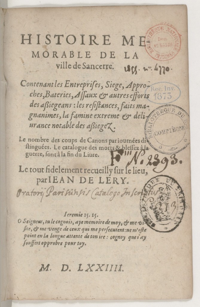 Jean de Léry, Histoire memorable de la ville de Sancerre, s.l.n.é, 1574, page de titre.