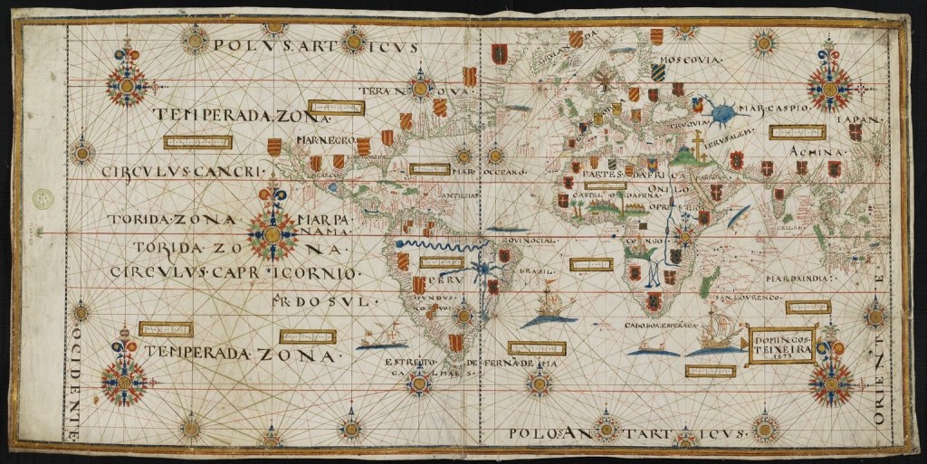 Planisphère de Domingos Teixeira, 1573, manuscrit enluminé sur vélin, 49 × 100 cm, Paris, BnF, Cartes et Plans, CPL GE SH ARCH-3.